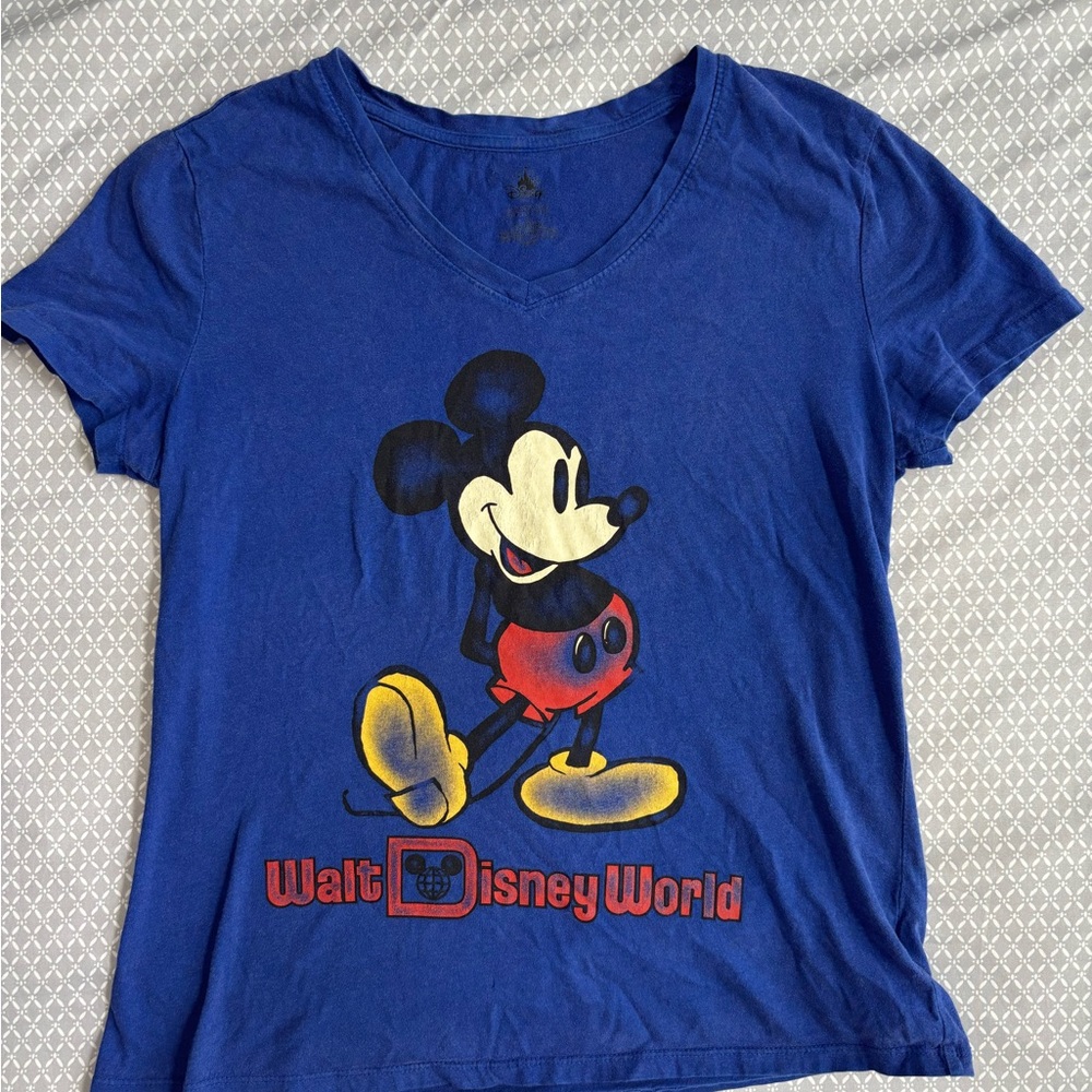 Disney Parks Mickey Mouse Walt Disney World Blue V-Neck T-Shirt Woman’s Medium